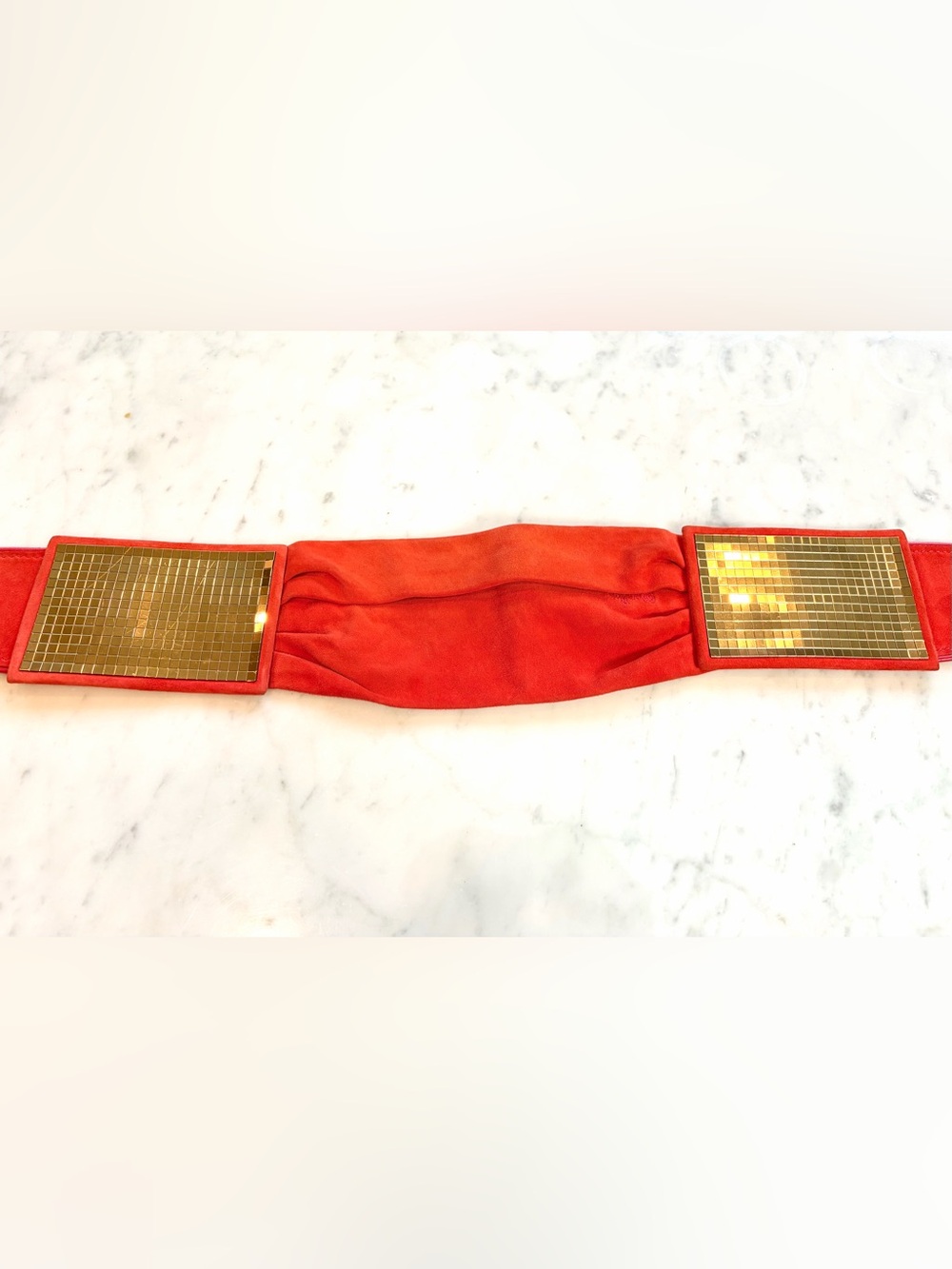 Miss Sixty VTG suede cummerbund belt, disco panels, peg/hole, 4”w, 31-34”, red - Picture 9 of 15